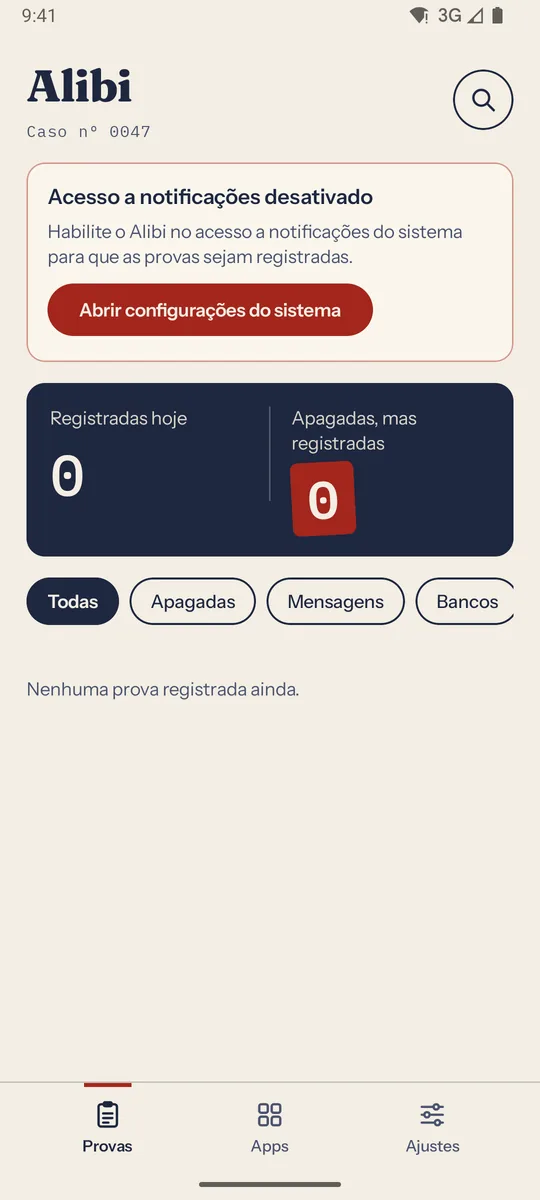 Tela Provas do Alibi com o aviso “Acesso a notificações desativado” e o botão “Abrir configurações do sistema”.