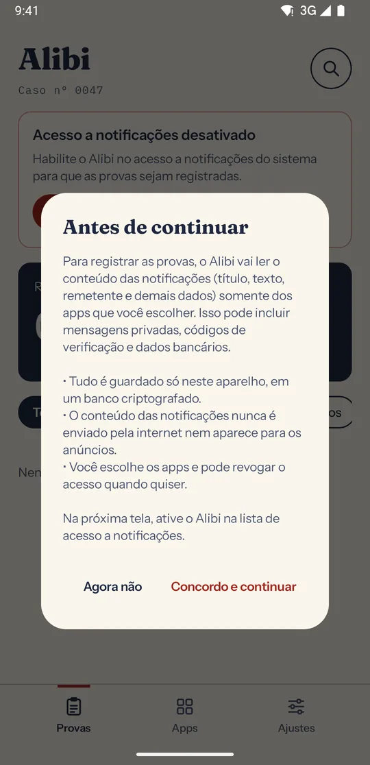 Diálogo “Antes de continuar”, que explica o acesso a notificações, com os botões “Agora não” e “Concordo e continuar”.