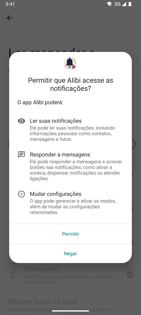 Tela do Android “Ler, responder e controlar notificações” com a confirmação “Permitir que Alibi acesse as notificações?”.