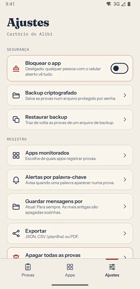 Aba Ajustes do Alibi, com a opção “Apps monitorados” na seção Registro.