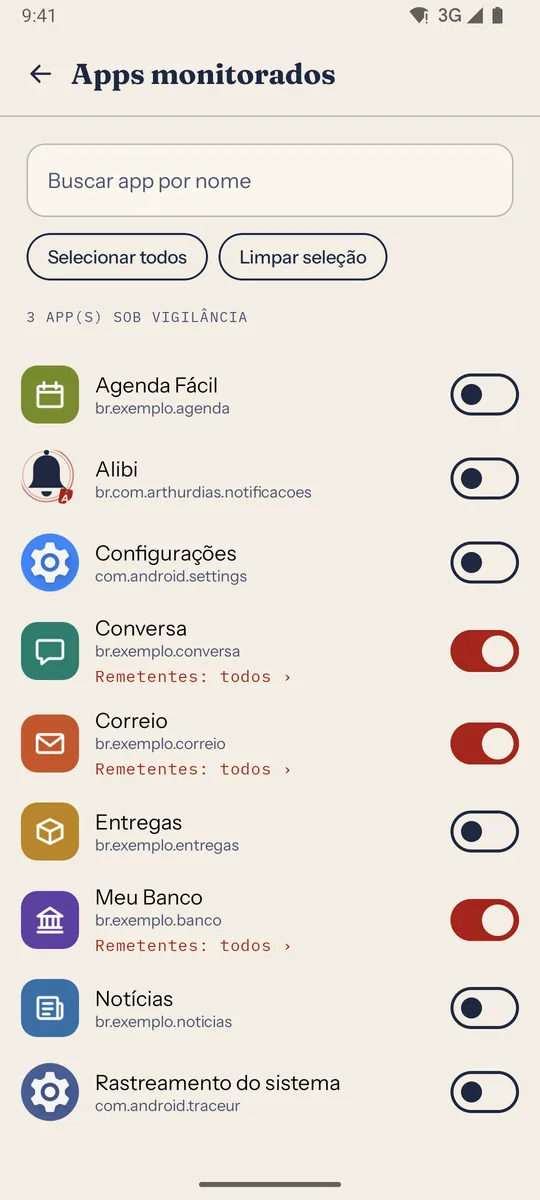 Tela “Apps monitorados” com três apps ligados: Conversa, Correio e Meu Banco.