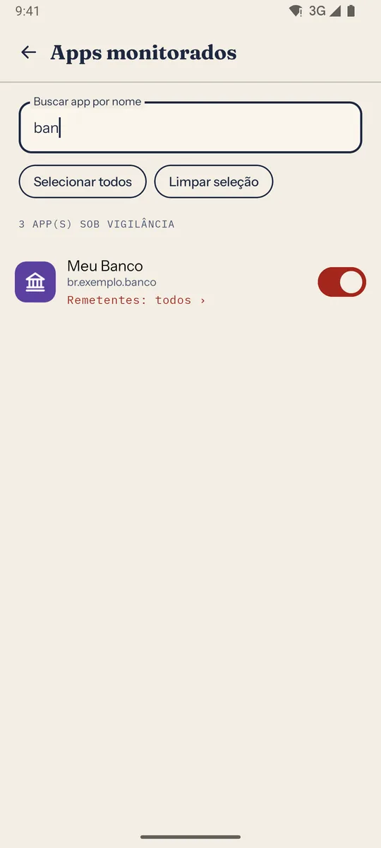 Busca “ban” na tela “Apps monitorados”, mostrando só o app Meu Banco.