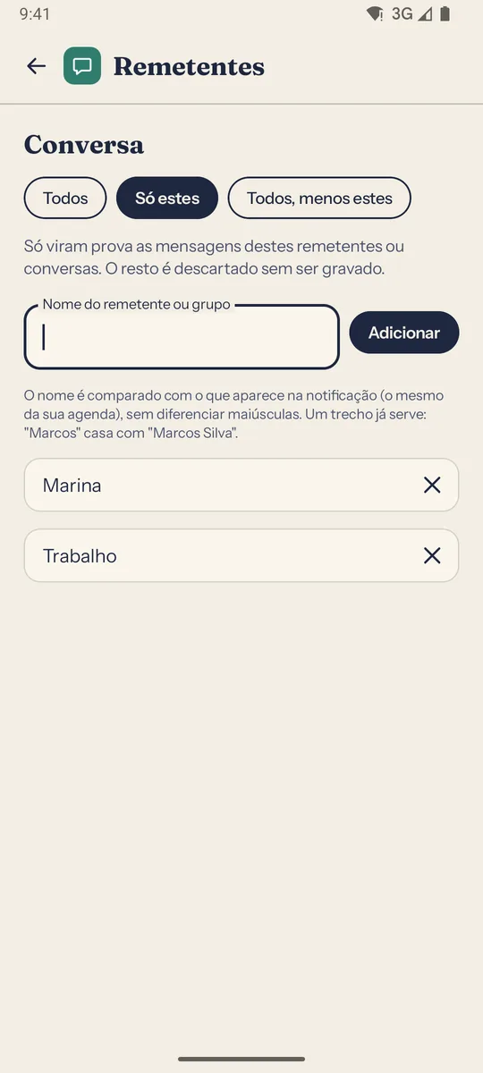 Tela Remetentes do app Conversa no modo “Só estes”, com os nomes Marina e Trabalho.