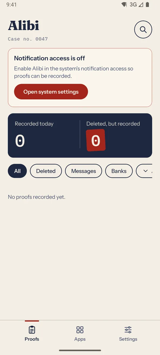 Alibi’s Proofs screen with the notice “Notification access is off” and the “Open system settings” button.