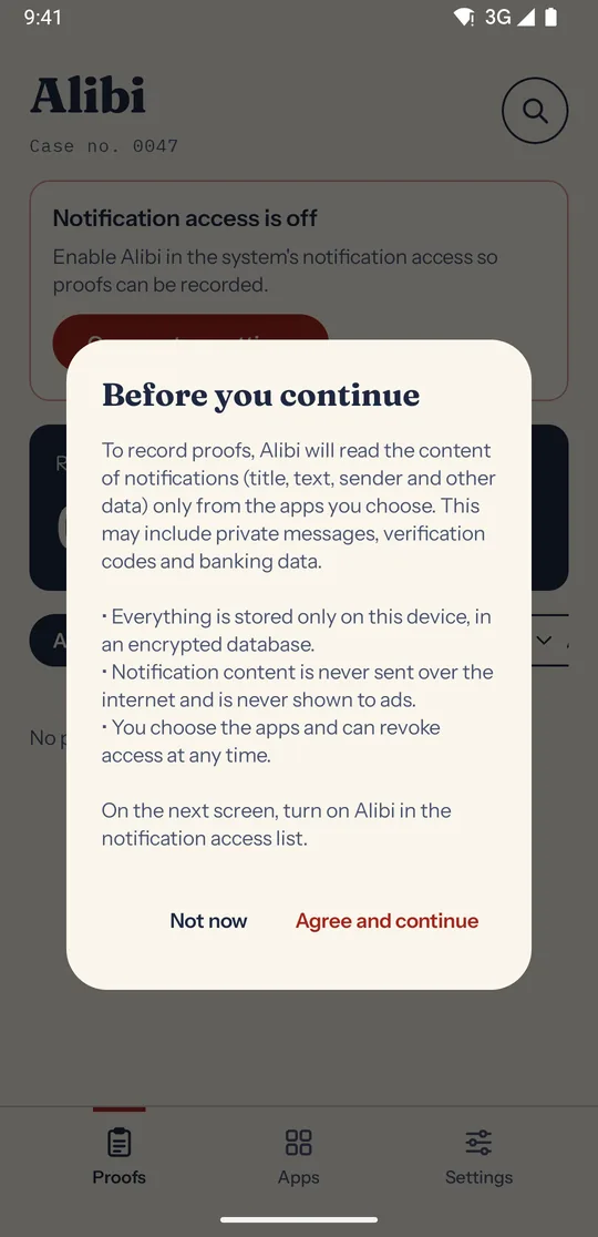 “Before you continue” dialog explaining notification access, with the “Not now” and “Agree and continue” buttons.