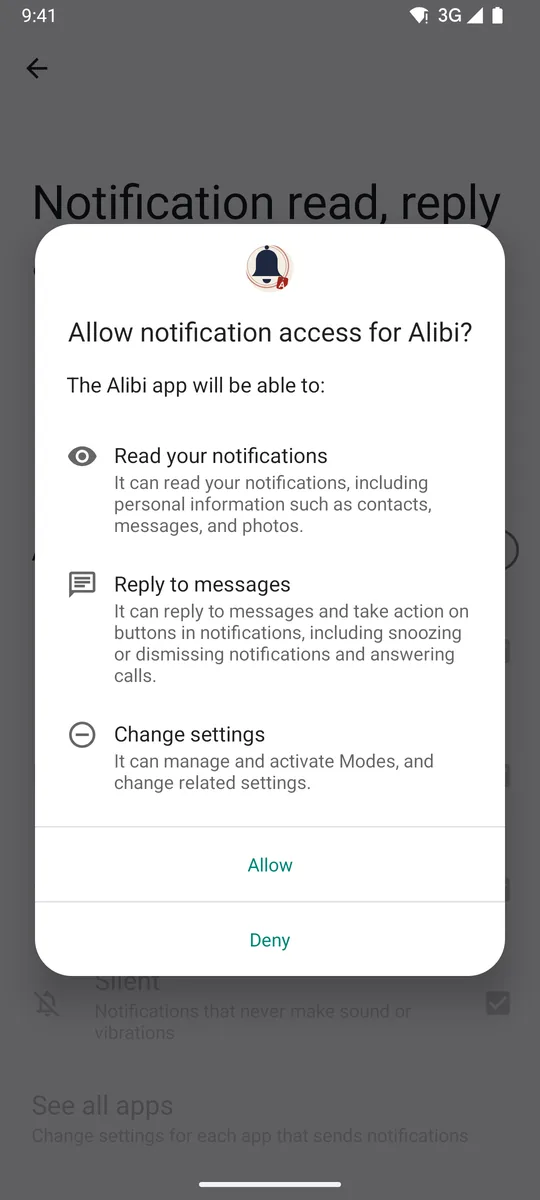 Android screen “Notification read, reply & control” with the confirmation “Allow notification access for Alibi?”.