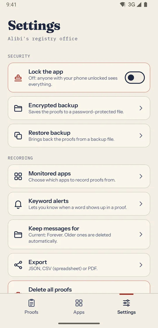 Alibi’s Settings tab, with the “Monitored apps” option under Recording.