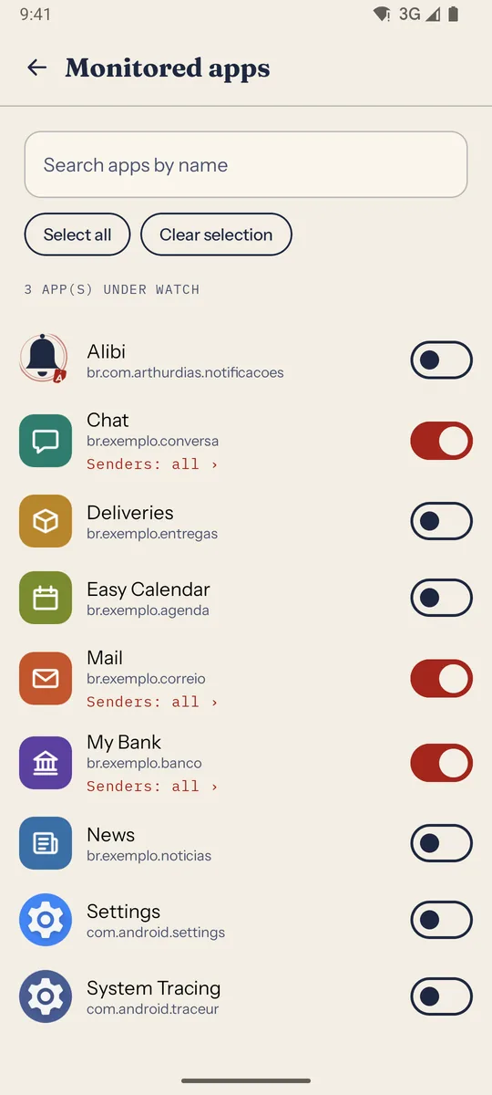 “Monitored apps” screen with three apps turned on: Chat, Mail and My Bank.