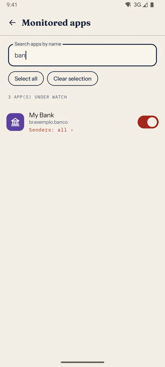 Search for “ban” on the “Monitored apps” screen, showing only the My Bank app.