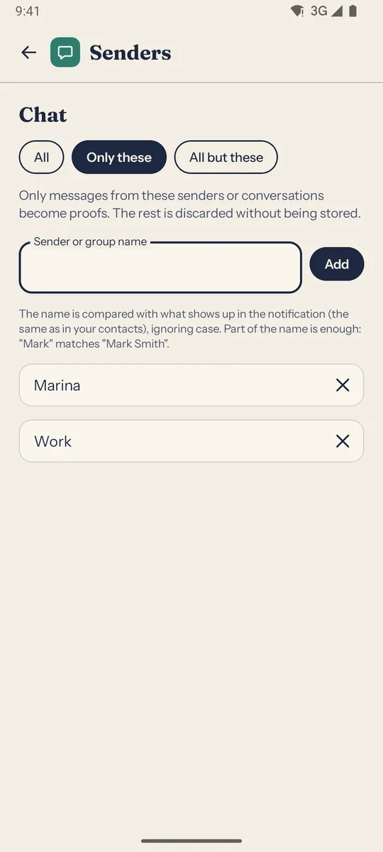 Senders screen for the Chat app in “Only these” mode, with the names Marina and Work.